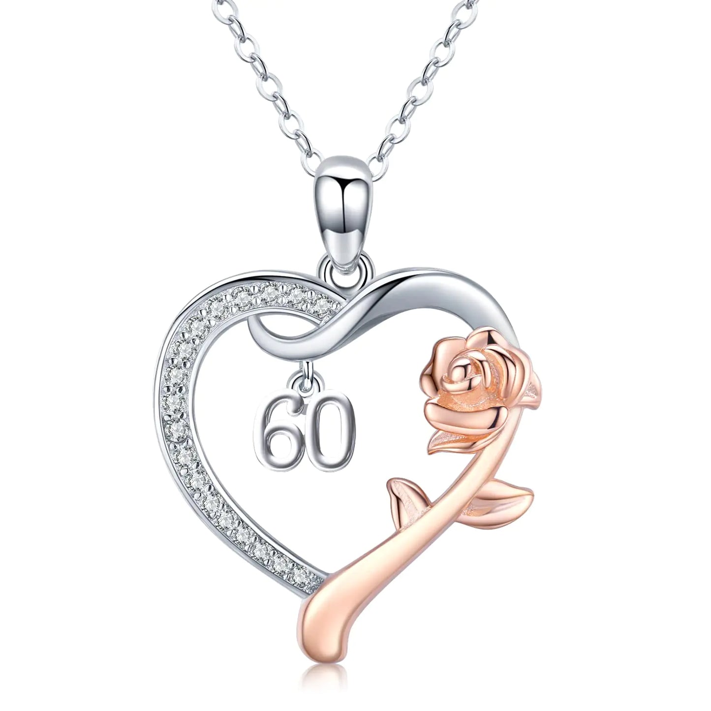 60th Birthday Gifts for Women / 60 Years Old Birthday Gifts for Women Mom 925 Sterling Silver Love Heart Rose Flower Pendant Necklace for Grandmother Wife Mothers Day Christmas Anniversary Jewelry